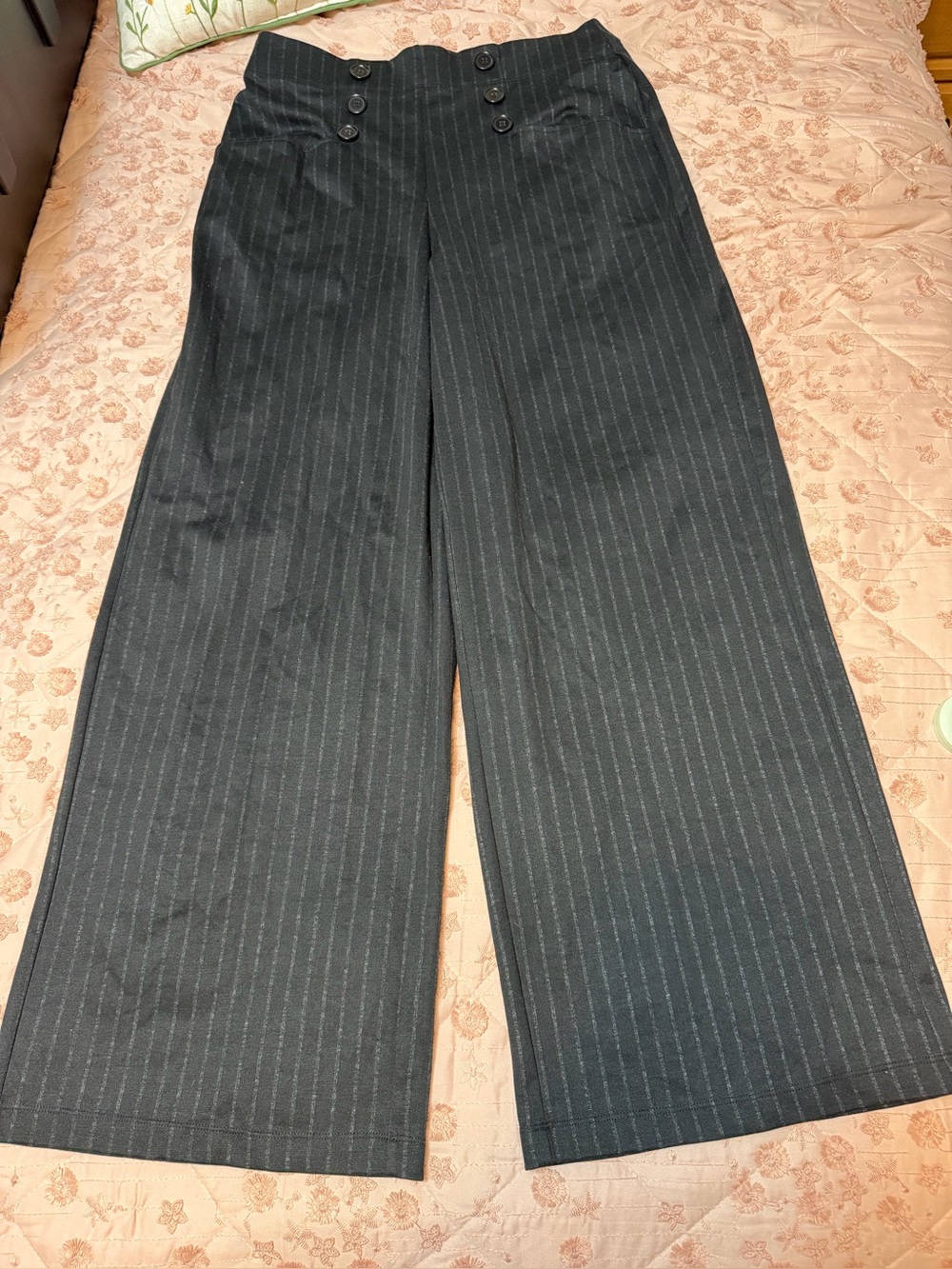 Max Studio London Pinstripe Double Knit Sailor Pants - Wide Leg - Size L